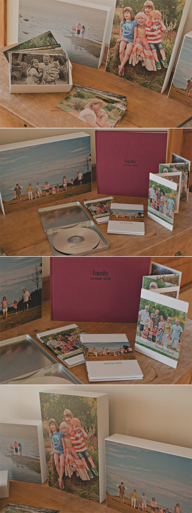 photo samples of beautiful standout wall prints, dvd, prints and a photo book from a lifestyle family photo session on hornby island, bc