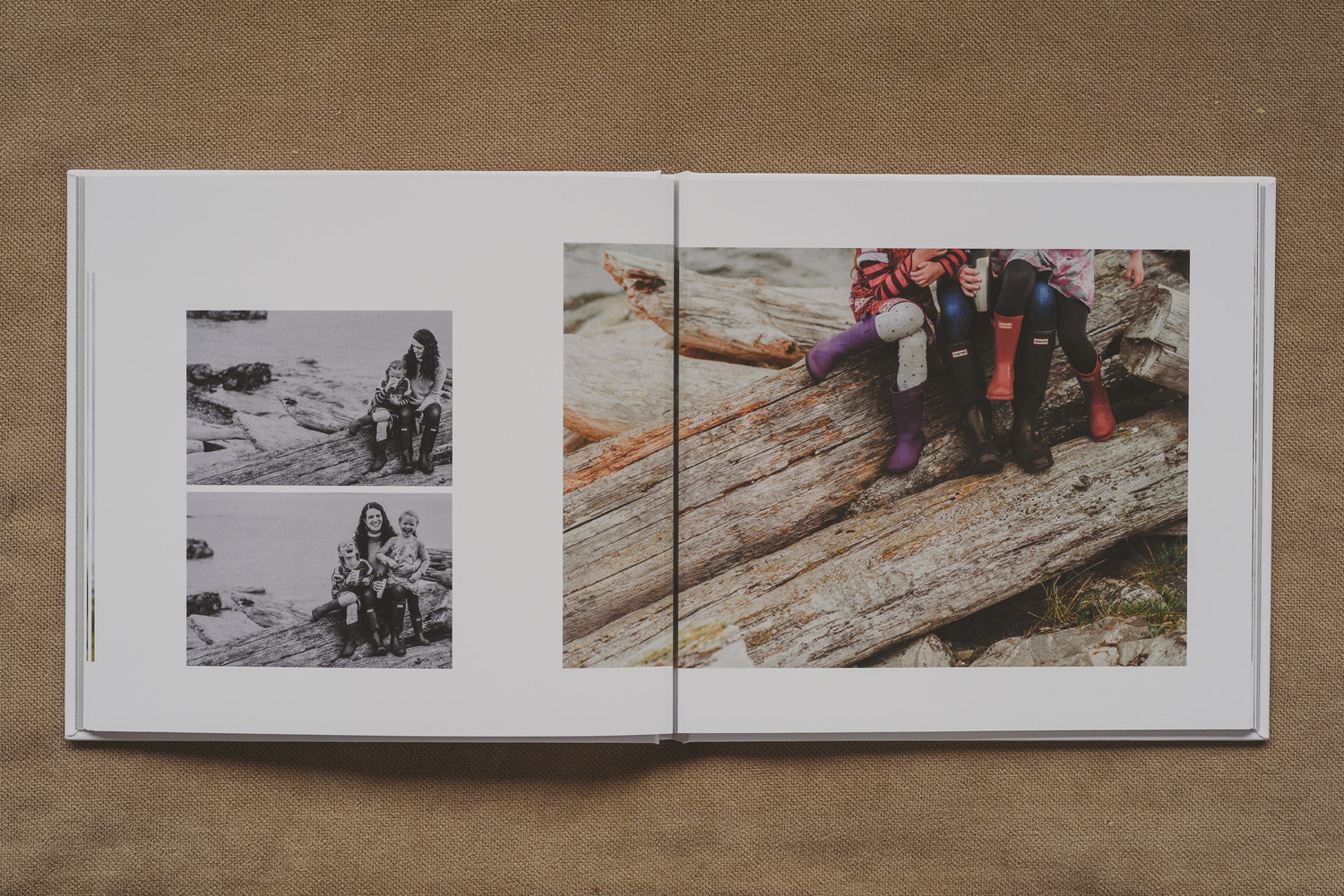 beautiful family photo book-mom & daughters in rubber boots at the beach