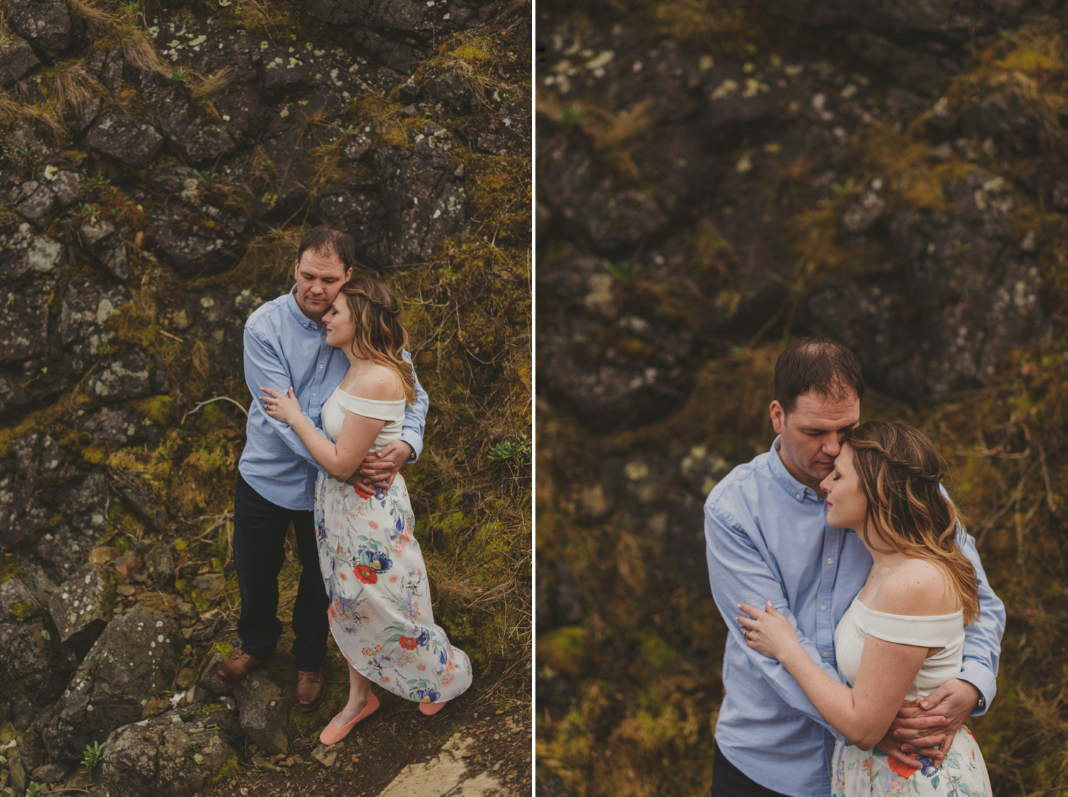 vancouver-island-bc-engagement-couple embracing by a rock face