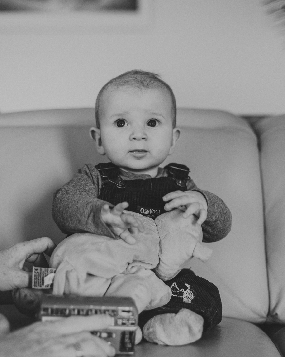 comox bc lifestyle family photography-b&w portrait of a baby in overalls