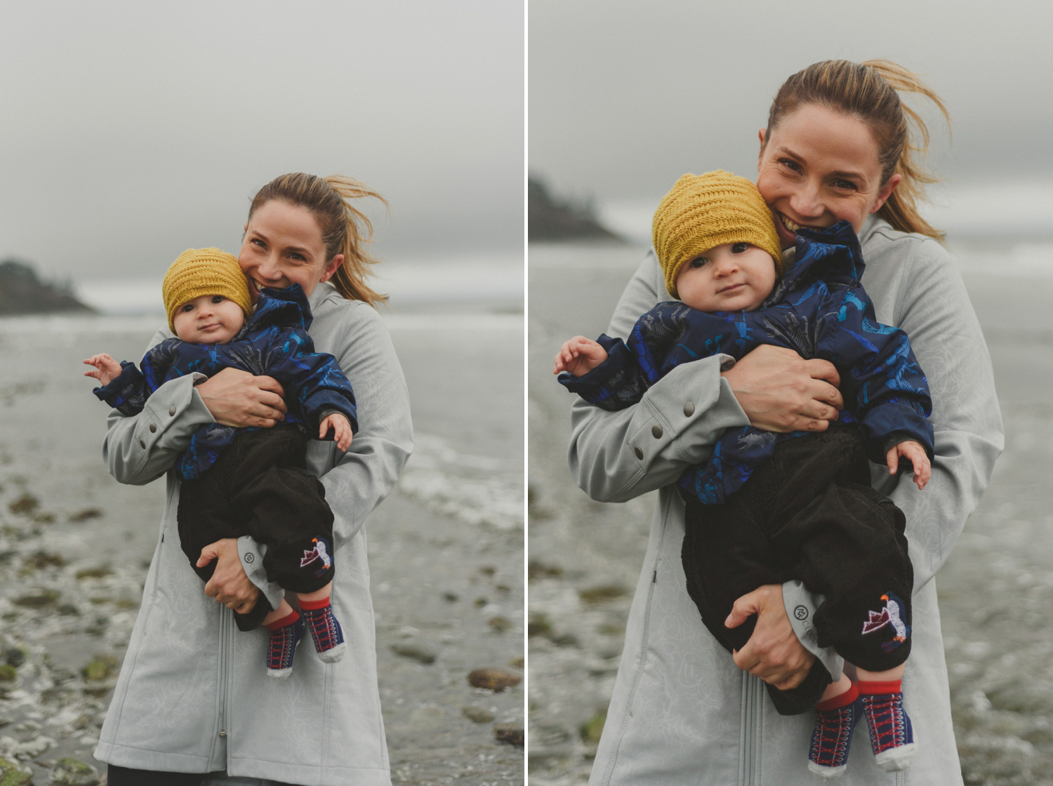 comox bc lifestyle family photography-mom snuggling baby at the beach in early spring