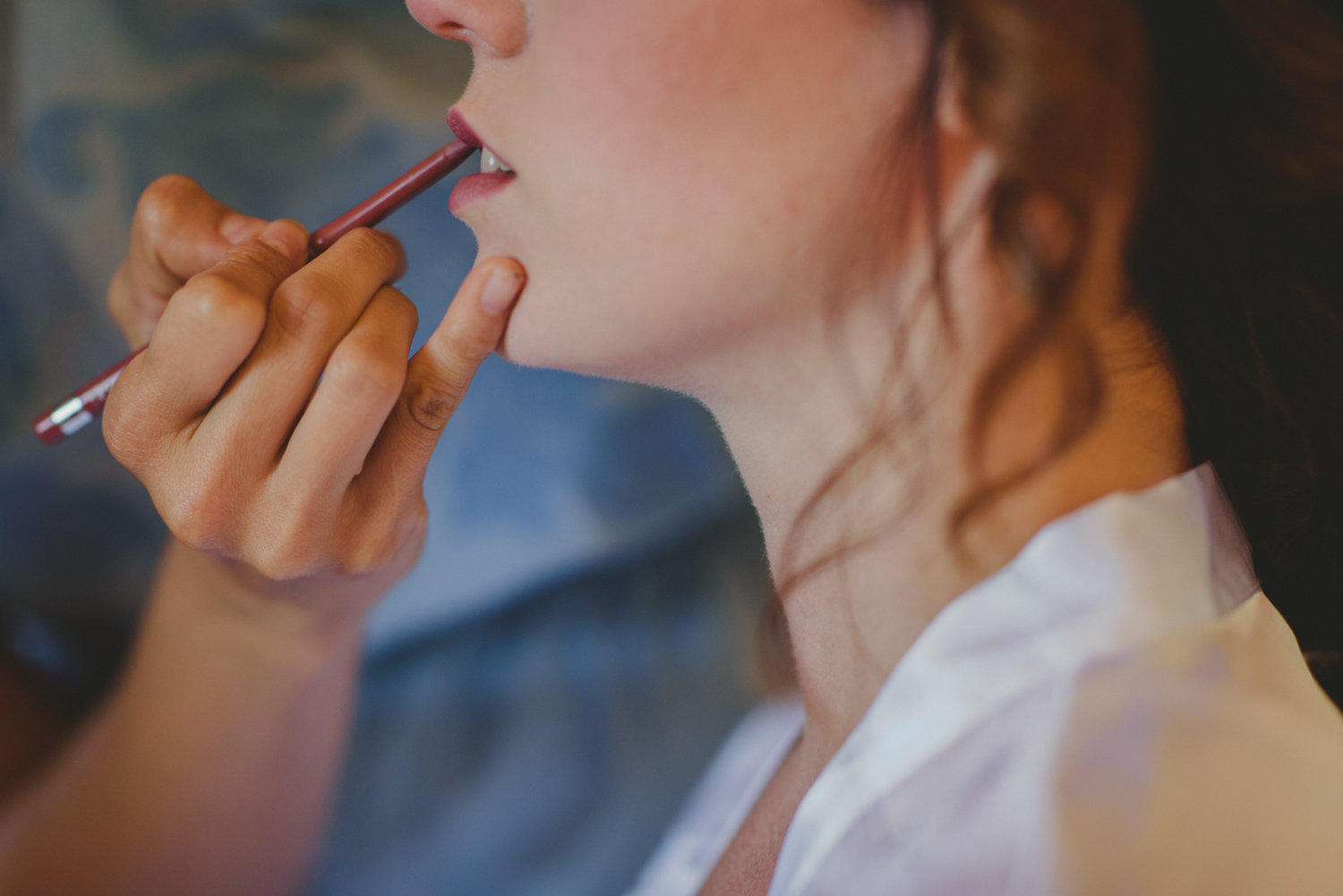 bride getting her hair & make-up done at bodega ridge galiano island - close up of lips