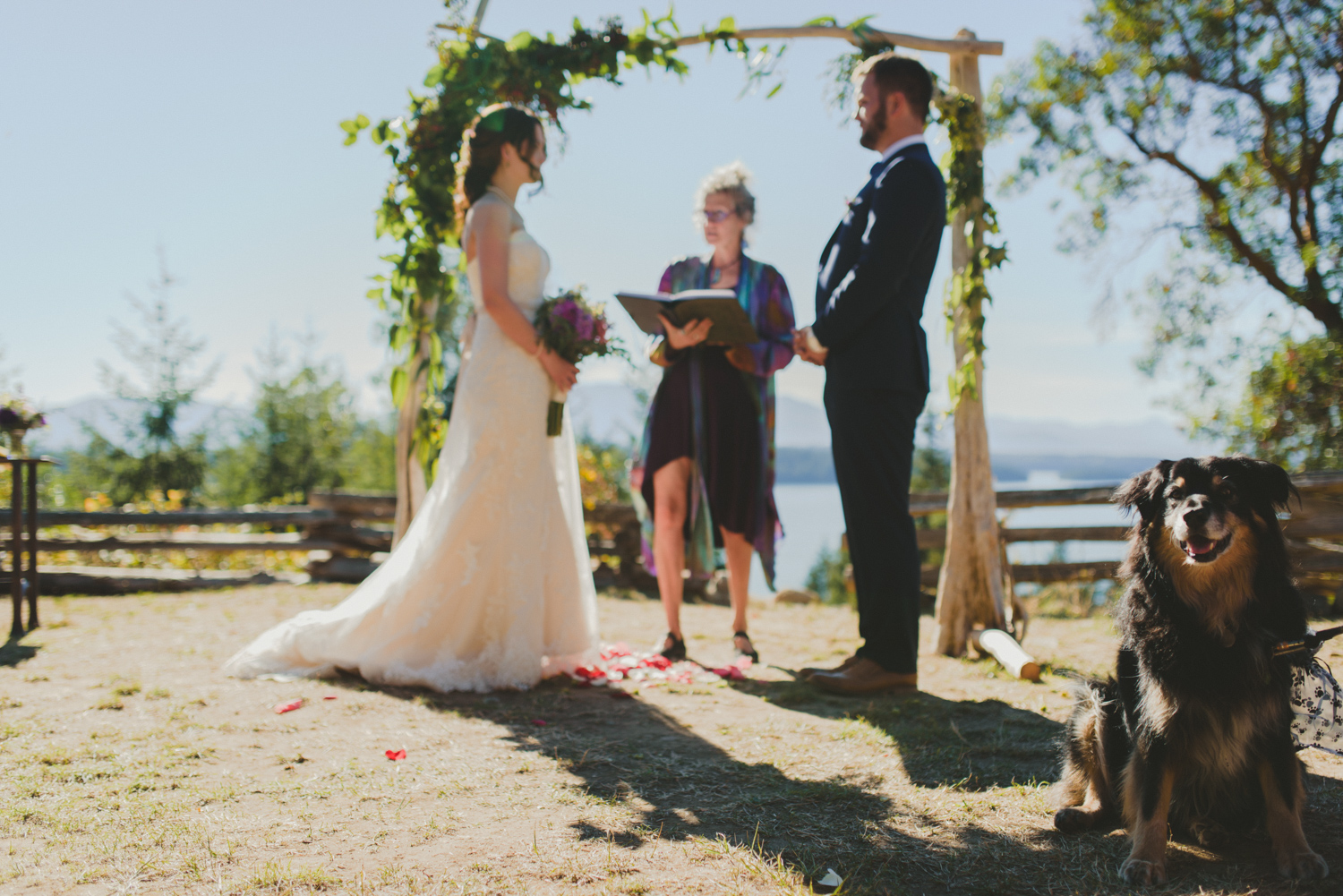 bride & groom at wedding ceremony at bodega ridge galiano islan