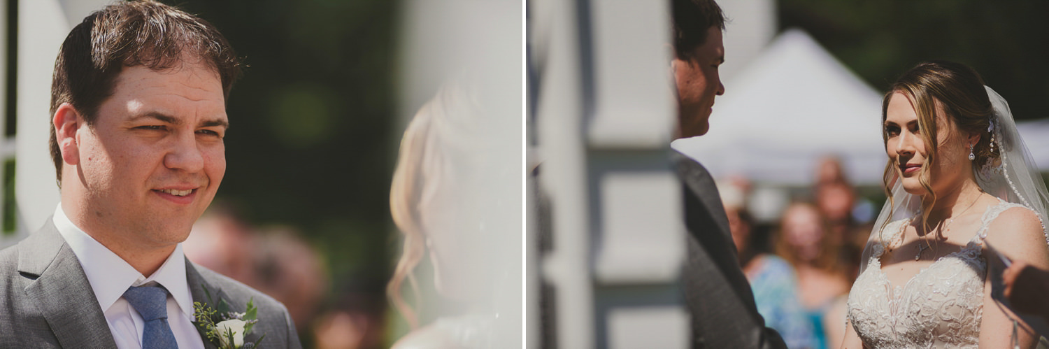 bride & groom’s faces at wedding ceremony at overbury resort thetis island wedding 