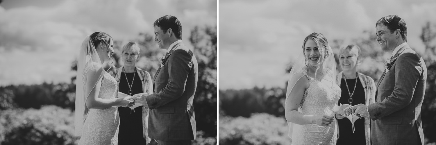 bride & groom exchange rings at wedding at overbury resort thetis island wedding 