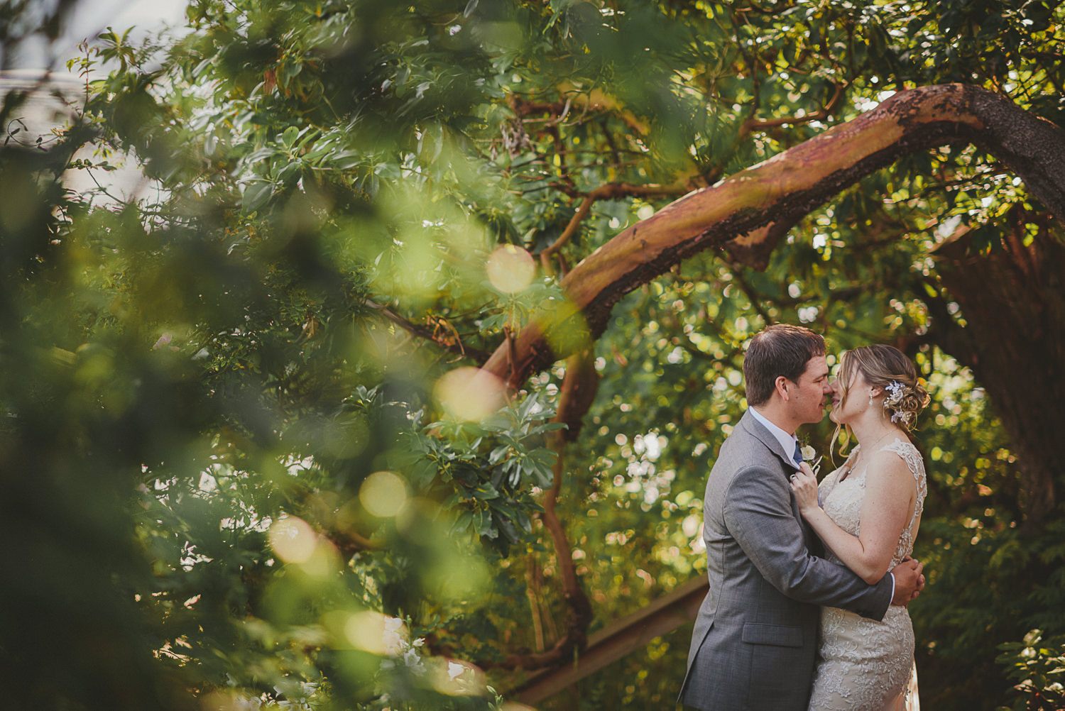 bride & groom kissing in forest at overbury resort thetis island wedding 
