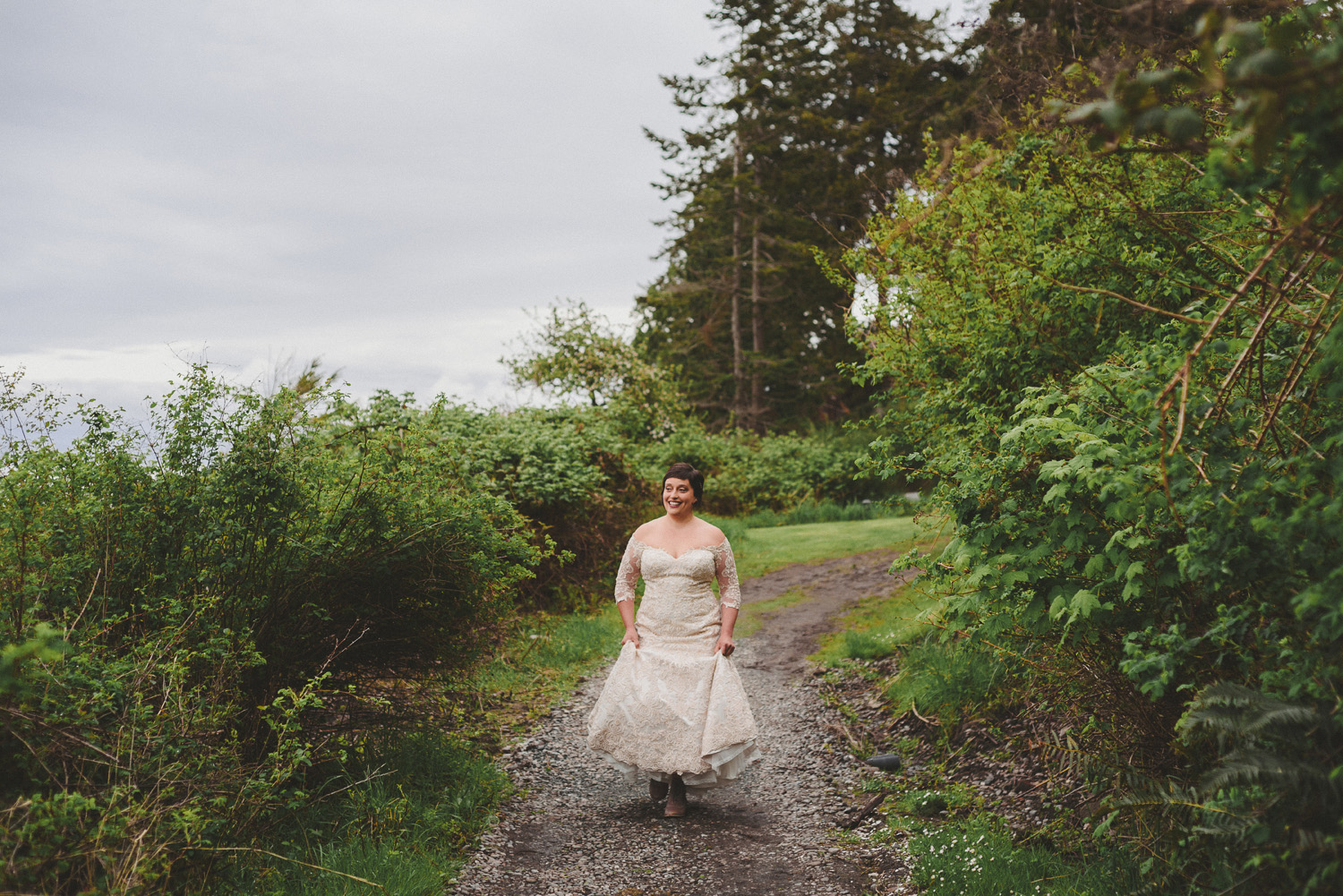 lgbtq jewish pagan metis wedding at sea breeze lodge on hornby island bride walking to first look