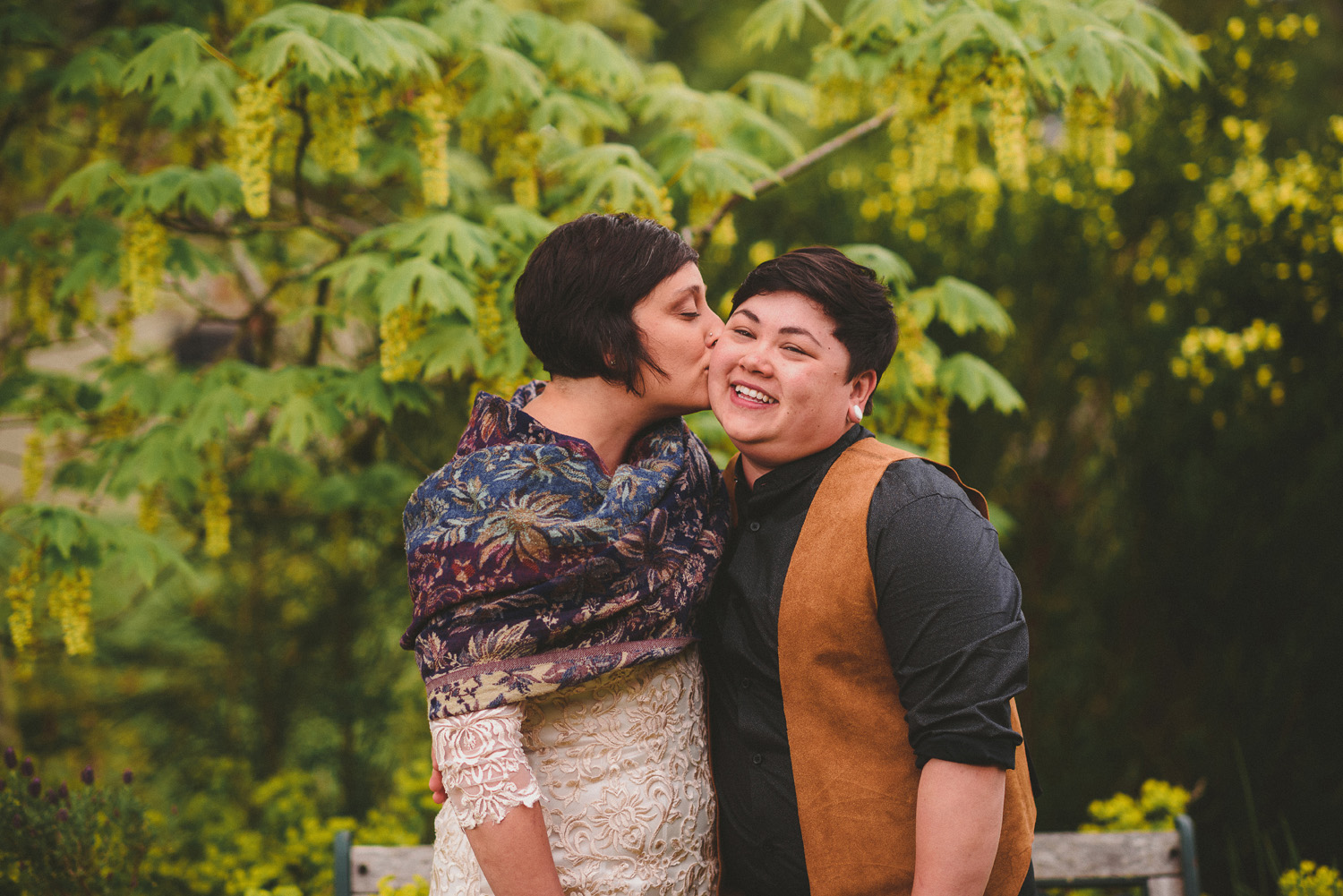 lgbtq jewish pagan metis wedding at sea breeze lodge on hornby island couple kissing