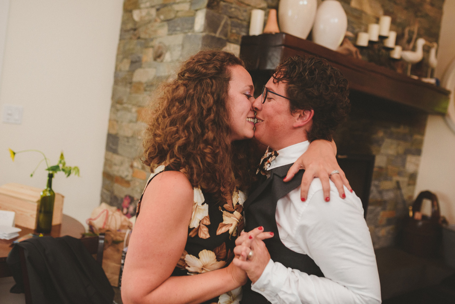 lgbtq jewish pagan metis wedding at sea breeze lodge on hornby island guests kissing