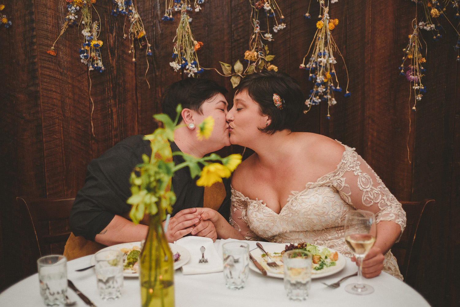 lgbtq jewish pagan metis wedding at sea breeze lodge on hornby island couple kissing