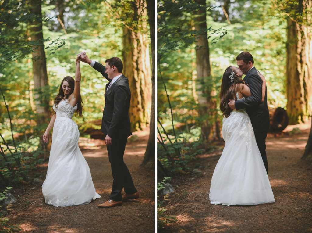 bride & groom dancing in the forest