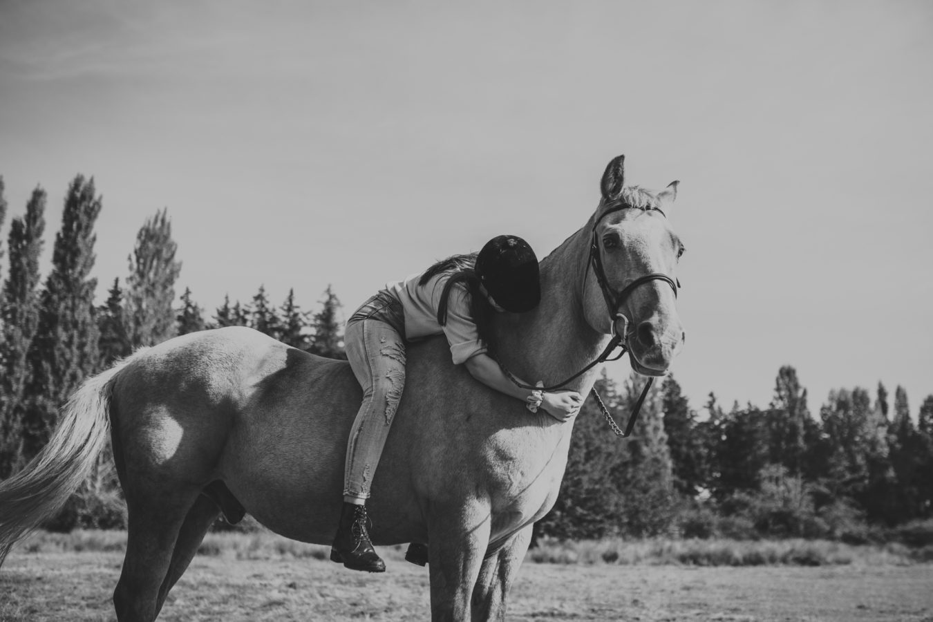 teenage girl hugging her horse while sitting in the saddle