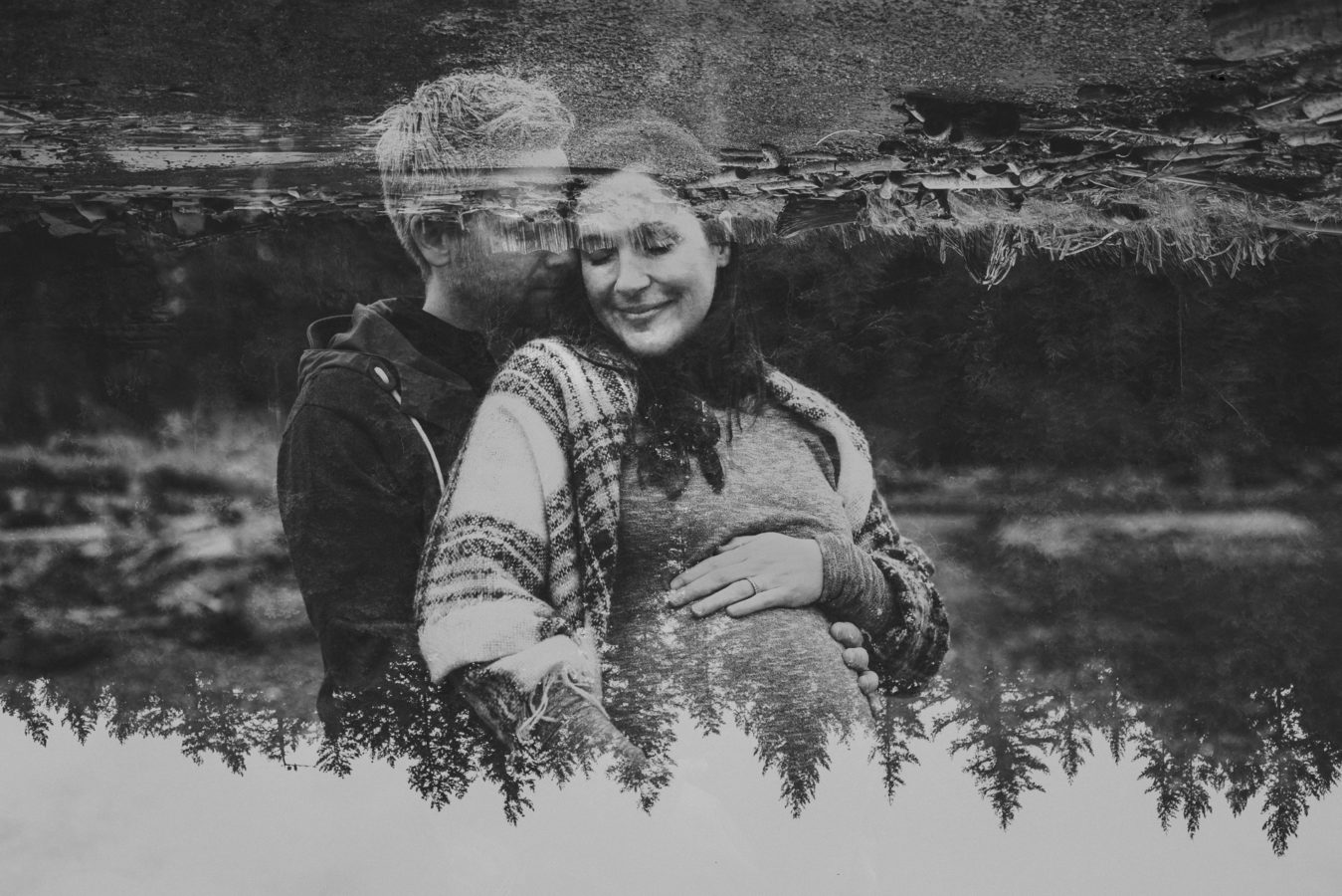 double exposure of a pregnant woman and her man embracing with trees and beach exposed over them