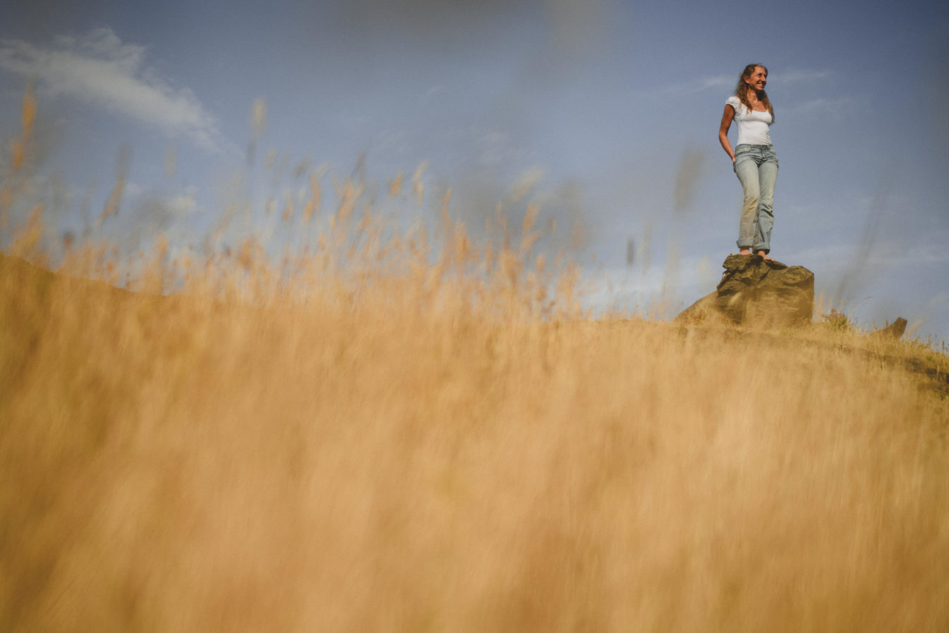 looking up at a woman standing on a large rock surrounded by tall yellow grass and blue sky