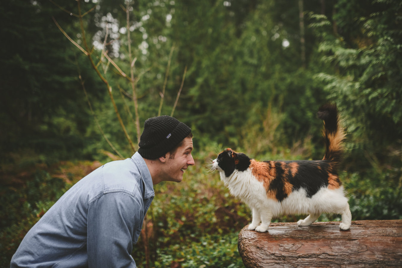 man and cat staring at each other face to face